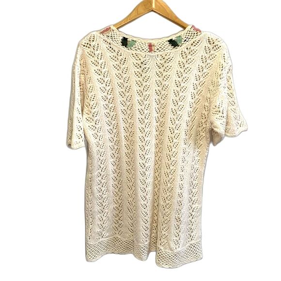 Vintage 80s Gina Peters Ivory Open Leaf Crochet Short Sleeve Tunic Sweater Sz L - Picture 3 of 12